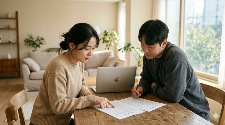 디딤돌대출 자격을 확인하려고 매매계약서와 체크리스트를 보는 예비 주택 구입자