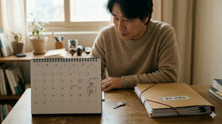 1세대 1주택 비과세 요건의 날짜를 달력에 표시하며 서류를 정리하는 사람